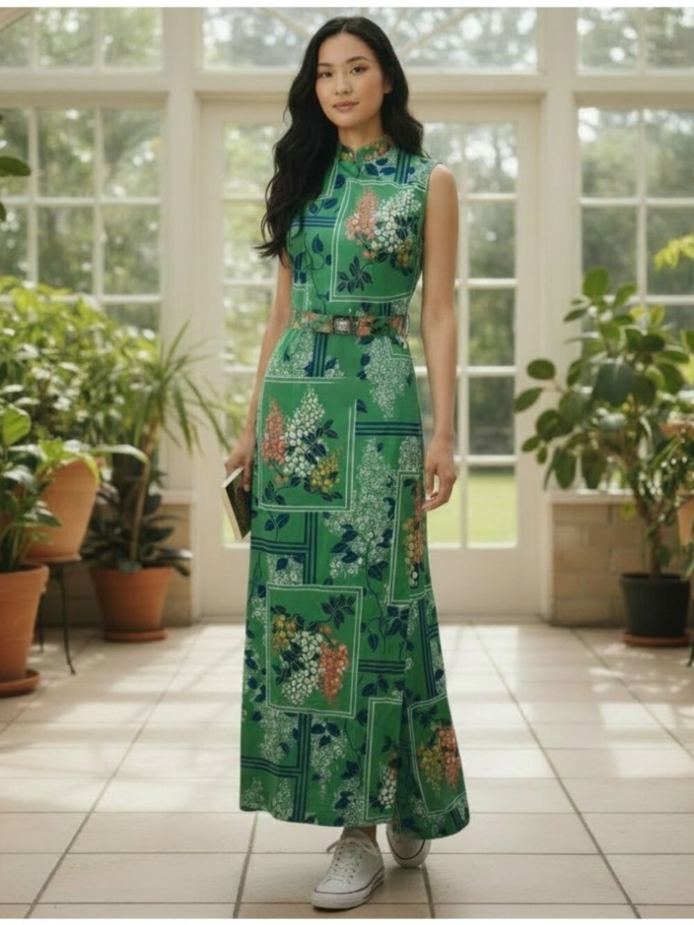 Vintage 70s George Gerring 2 Pc Maxi Dress & Pants Set Asian Mandarin Collar